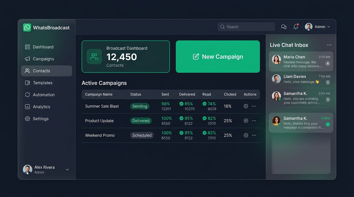 Pattify dashboard — broadcast campaigns, live chat inbox, and real-time delivery stats